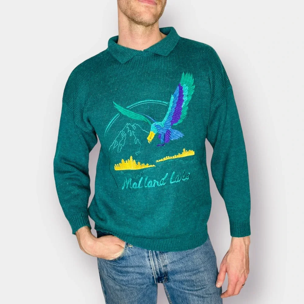 80s Knit Works Teal Lake Mallard Collared Sweater‎